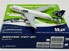 Load image into Gallery viewer, HX Models 1/400 Boeing 747-8F Seattle Seahawks Colour N841BA flaps down B631007F
